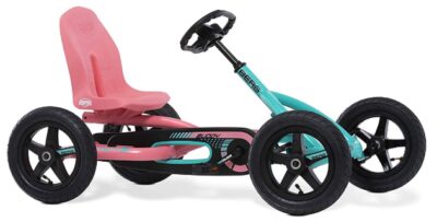 this is an image of a mint-pink go kart for kids. 