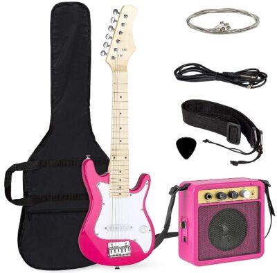This is an image of kid's electric guitar starter pack in pink color
