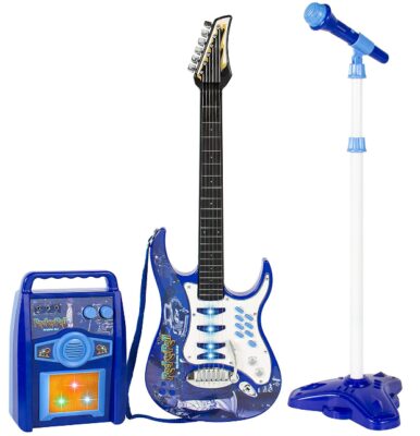 This is an image of kid's electric guiter set with amply and microphone in blue and white colors