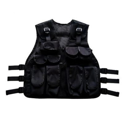 This is an image of a 9 pocket black tactical vest for kids. 