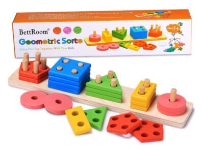 this is an image of a shape and color recognition board blocks for little kids. 