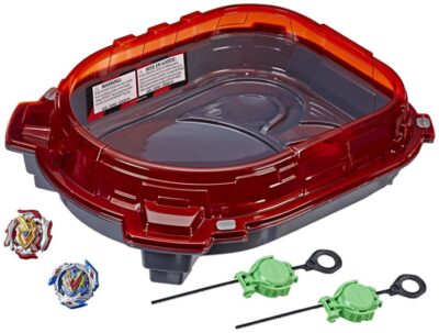 This is an image of kids beyblade battle set with red stadium and two beyblades 