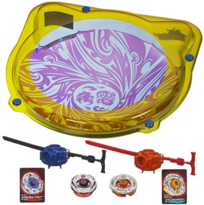 This is an image of kids beyblade battle set with yellow and purple color of stadium and two beyblades in blue and other in red colors