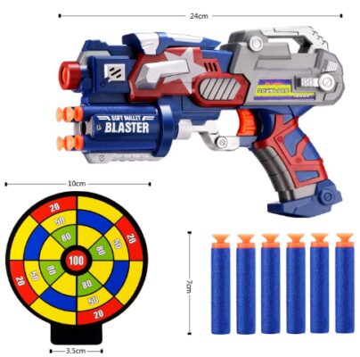 This is an image of league blaster gun with foam darts and dartboard designed for kids