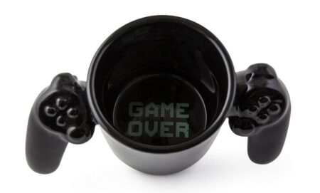 This is an image of a black mug with game over print for gamers. 