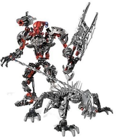 This is an image of LEGO bionicle maxilos and spinax building kit toy 