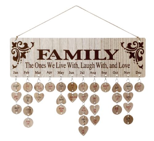 this is an image of a wooden family birthday reminder calendar board. 