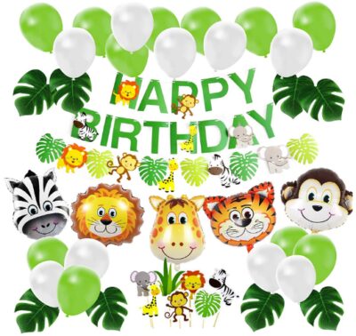 This is an image of boy's Birthday party decoration set with masks in green color