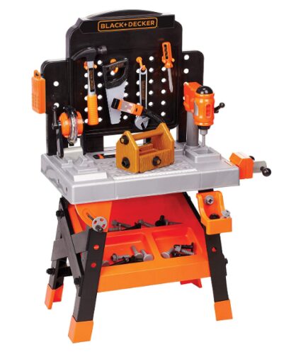 this is an image of a workbench pretend tools with storage trays for kids ages 3 and up. 