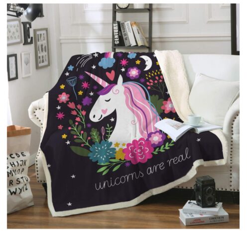 this is an image of a black Unicorn blanket for girls. 