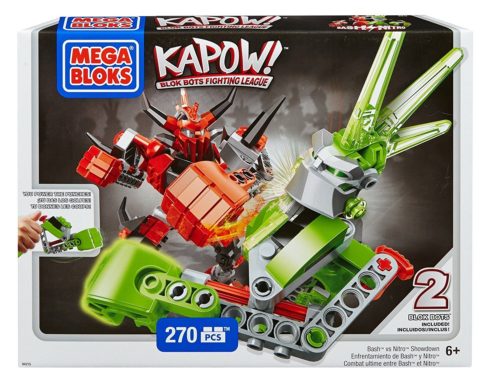 Mega Blocks game set with 2 robots fighting on the boxset front cover