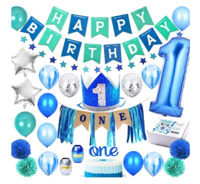 this is an image of a blue birthday decoration set for kids. 