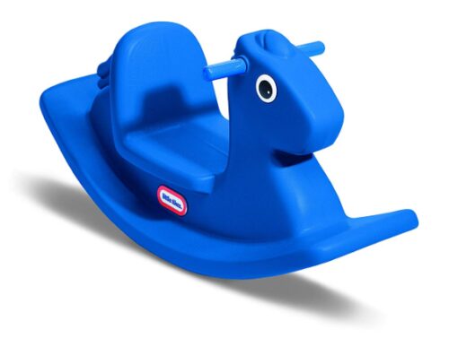 this is an image of a blue rocking horse for kids. 