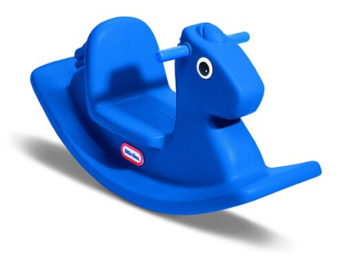 this is an image of a blue rocking horse for kids.