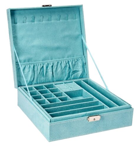 this is an image of a blue two-layer display storage box. 
