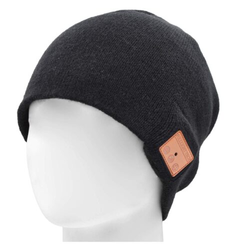 this is an image of a black bluetooth benie hat for young men. 