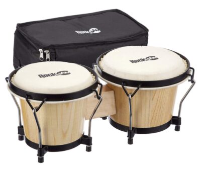 this is an image of a bongo drum set with padded bag for little kids. 