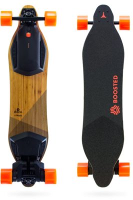 This is an image of a black and orange electric skateboard by Boosted. 