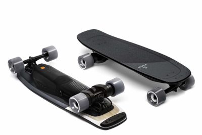 This is an image of a black electric longboard by Boosted. 
