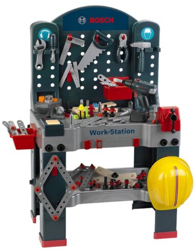 This is an image of Bosch jumbo workbench toy with tools and helmet 