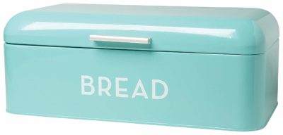This is an image of a large turquoise blue bread bin. 