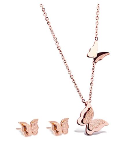 this is an image of a butterfly earrings and necklace set for girls. 