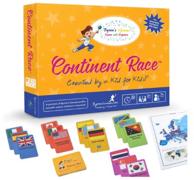 this is an image of an interactive geography card game for ages 7 and up. 