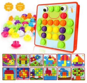 Winkeyes Button Art Toy Mosaic Pegboard Puzzles Kids Toy DIY Educational Learning Toy with 46 Mushroom Nails 12 Colourful Pictures Jigsaw Puzzles Gifts for Boys Girls Toddlers