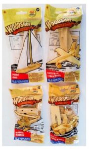 Woodshop DIY Wood Model Kits - Fighter Plane, Race Car, Helicopter (and Sailboat OR Pirate Ship) Kids Set of 4