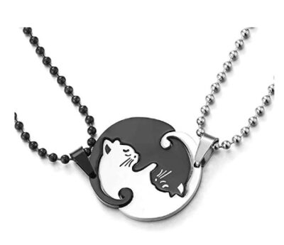 This is an image of a black and silver kitty cat BFF necklace for best friends. 