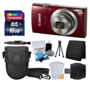 this is an image of a red digital canon camera with 16GB memory card, camera case, card reader, LCD protector, memory card wallet and cleaning pen