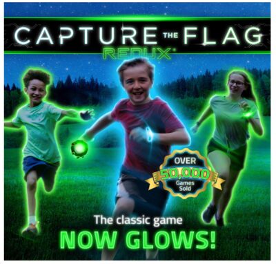 this is an image of a nighttime outdoor game for kids. 