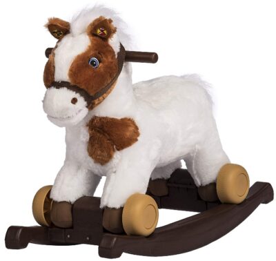 This is an image of kid's pony plush ride on in white and brown colors