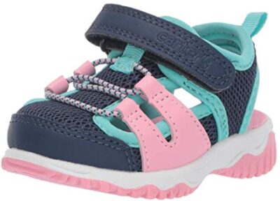 this is an image of a navy blue and pink girl's sandal for infant and toddler. 