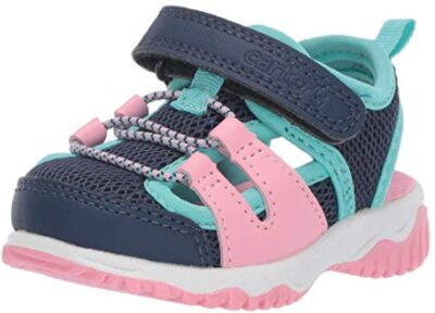 this is an image of a navy blue and pink girl's sandal for infant and toddler.