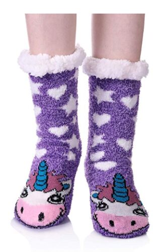 this is an image of a cartoon animal winter slipper socks for teen girls. 