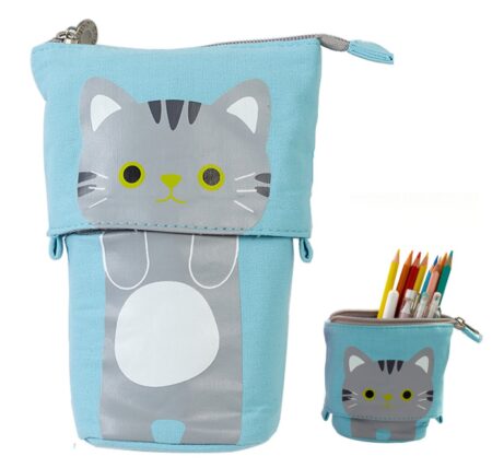 This is an image of a blue stationery pencil case with a cute cat print.