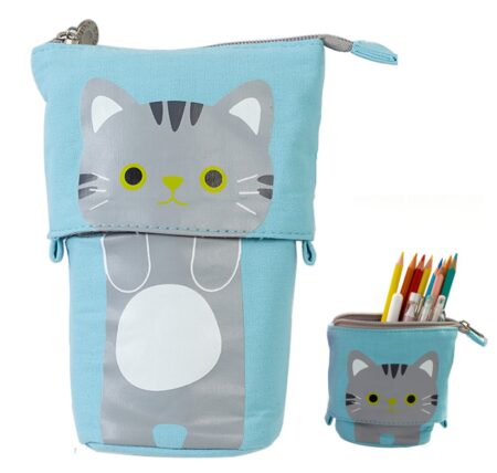 This is an image of a blue stationery pencil case with a cute cat print. 