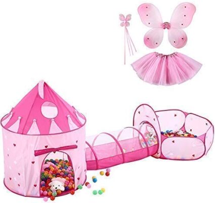 This is an image of pink castle play tent with tunnal tube and ball pit for kids by Intency