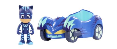 This is an image of a blue cat boy and toy vehicle for kids. 