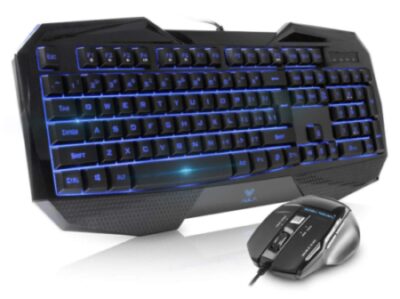 This is an image of a gaming mouse and keyboard with adjustable blue backlit.