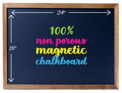 this is an image of a magnetic, and non porous chalkboard with wood frame. 