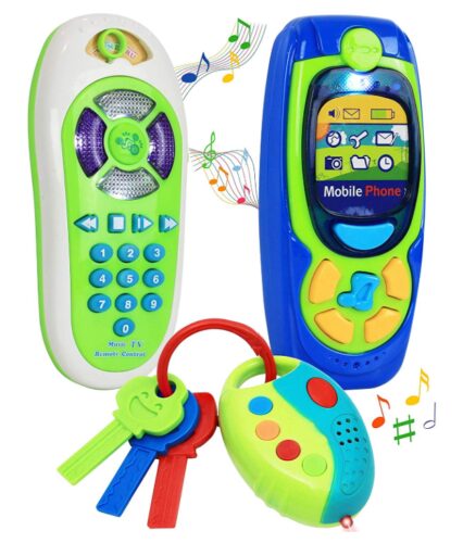 this is an image of a cellphone and car key playset for kids.