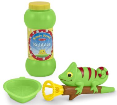 This is an image of kids bubble blower toy in chameleon design have green color
