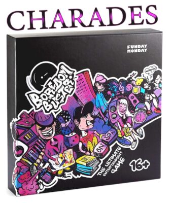 this is an image of a 5 in 1 charades board game for the whole family. 