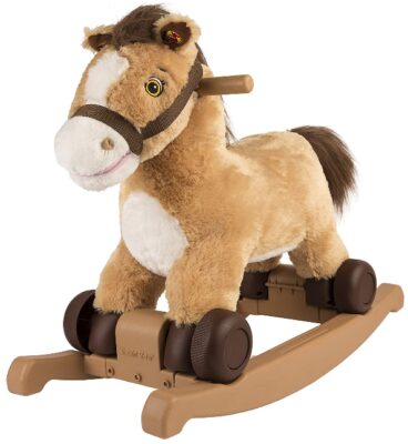 This is an image of kid's rocking horse pony, brown color