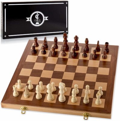 This is an image of a kid's wooden chess board set. 