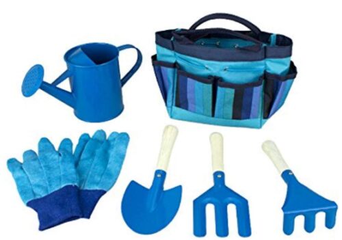 This is an image of Garden tool set with Child Rake, Tote Bag, Watering Can, Shovel and Trowel in blue color