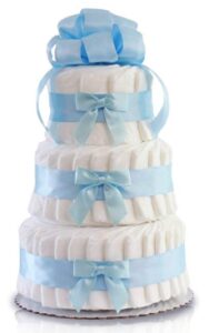 this is an image of a 3 tier blue classic baby diaper cake. 