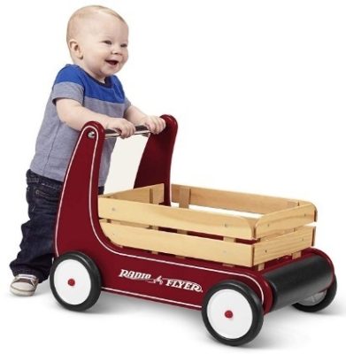 This is an image of Classic walker wagon by Radio flyer in red color had wood on it